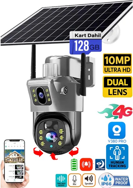 V380 Pro 128GB 735-4G 10MP (5mp+5mp) Dual Lens Ultrahd Güneş Enerjili Akıllı Güvenlik Kamerası