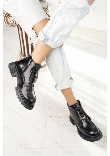 D24KB 1990 Siyah Hakiki Deri Kadın Bot