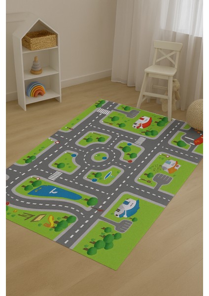 Efta Halı Oyun Halısı Yol ve Araç Desenli Çocuk Halısı - Dijital Baskı, Yıkanabilir, Kaymaz Taban