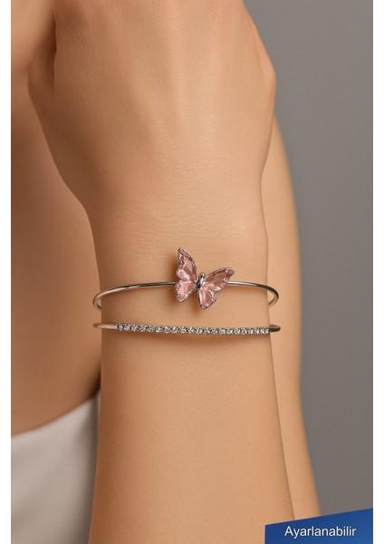 Kelebek Figürlü Zirkon Taşlı Gümüş Renk Kadın Bileklik