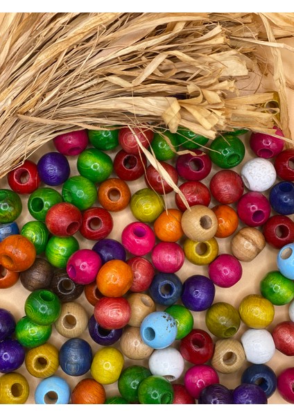 17 mm Ahşap Boncuk (50 gr 32 Adet)Geniş Delik Çapı 6 mm Makrome Çanta Bileklik Takı Renkli modelleri