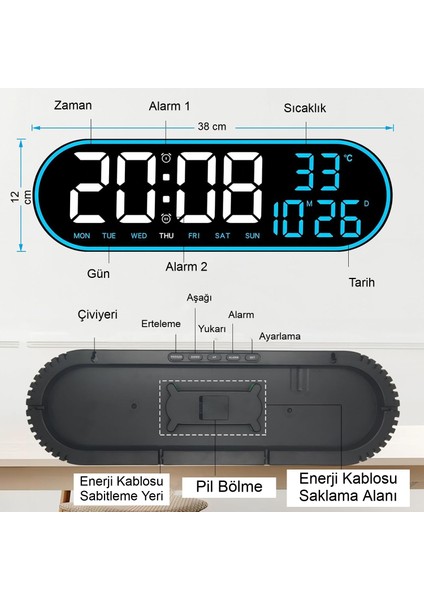 LED Duvar Saati Büyük Ekran, Geri Sayım, Alarm, Kumanda, Sıcaklık ve Tarih Gösterimi, USB