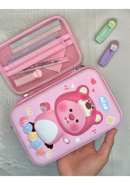 Pembe 3D Sert Kapak Kalemlik / Toparlayıcı / Kalem Kutu