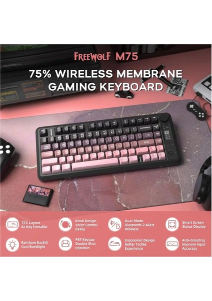 Kablosuz Gaming Oyuncu Klavyesi Freewolf M75 Bt+2.4ghz OLED Tft Ekranlı Membran Reinbow Aydınlatmalı