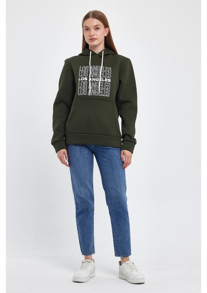 Kadın Kapşonlu Rahat Kalıp Içi Polarlı 3 Iplik Los Angeles Baskılı Sweatshırt SPR24SWK10