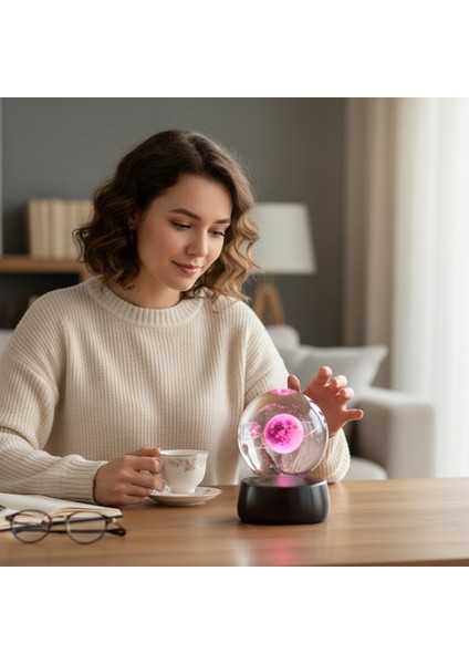 Kişiye Özel Renk Değiştiren Işıklı Küre & Mor Taşlı Kolye Hediye Seti