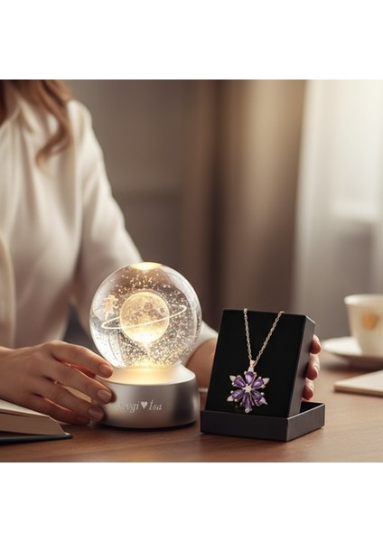 Kişiye Özel Renk Değiştiren Işıklı Küre & Mor Taşlı Kolye Hediye Seti fiyatları