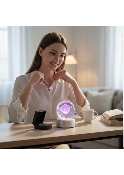 Kişiye Özel Renk Değiştiren Işıklı Küre & Mor Taşlı Kolye Hediye Seti