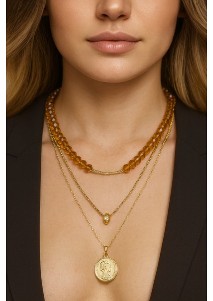 Kristal Taşlı Altın Kaplama Üçlü Kolye