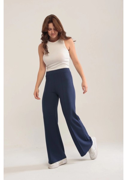 Kadın Lacivert Modal Bol Paça Çımalı Yüksek Bel Yumuşak Dokulu Beli Lastikli Likralı Pantolon fiyatları