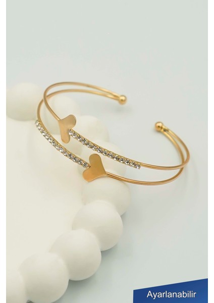 Kadın Çift Kalpli Taşlı Gold Açık Bileklik