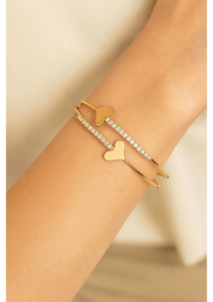 Kadın Çift Kalpli Taşlı Gold Açık Bileklik indirimleri