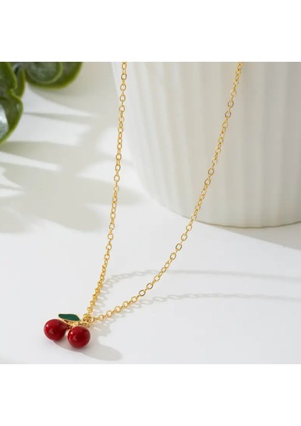 Kırmızı Kiraz Kolye Altın Renk Zincirli