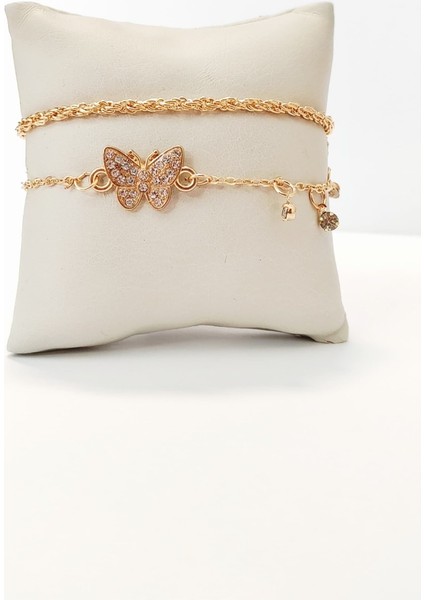 Kelebekli Kristal Detaylı 2'li Bileklik Seti