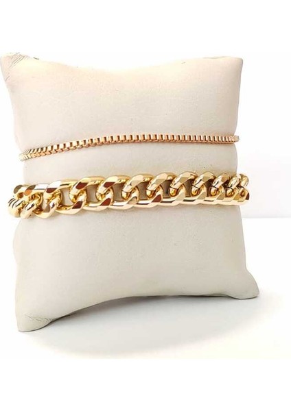 Kalın Zincir Detaylı 2'li Bileklik Seti