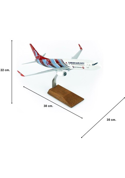 Thy Trabzon Spor Logolu B737-800 Yolcu Uçağı, 1/100 Ölçek Sergilemeye Hazır Ahşap Standlı Model