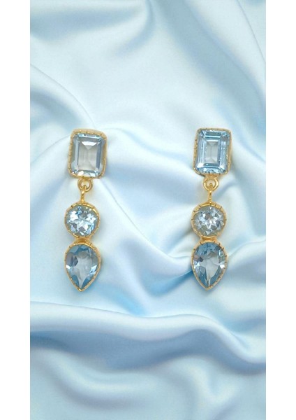 El Işçiliği 925 Ayar Gümüş Kasa Doğal Aquamarine Taşlı Zarif Küpe