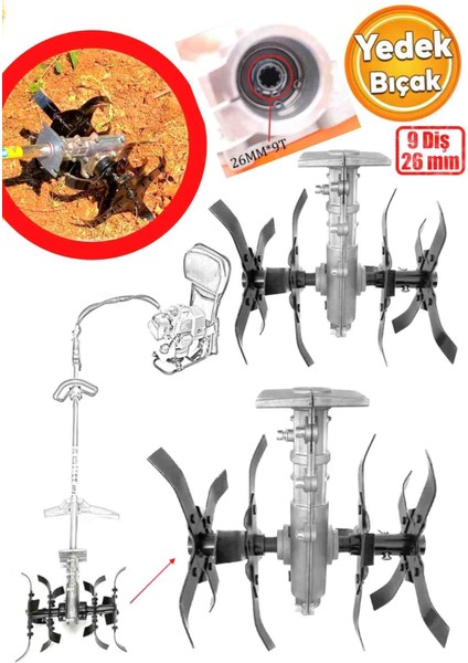 Tırpan Yedek Çapa Aparatı Bıçağı Mtp2 Toprak Işleme Belleme Çapalama 9 Diş 26 mm Uyumlu