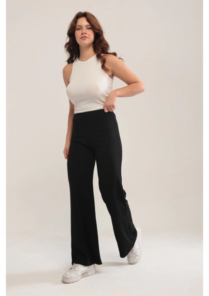 Kadın Siyah Modal Bol Paça Çımalı Yüksek Bel Yumuşak Dokulu Beli Lastikli Likralı Pantolon fırsatları
