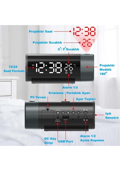 Projeksiyonlu Silindir USB Güç LED Ekran Çalar Saat Sıcaklık Çift Alarm fiyatları