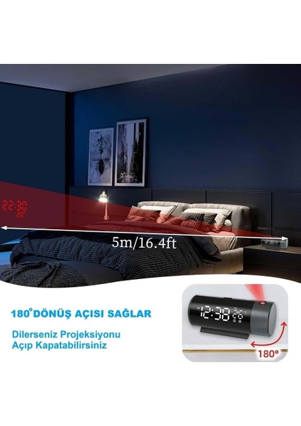 Projeksiyonlu Silindir USB Güç LED Ekran Çalar Saat Sıcaklık Çift Alarm modelleri