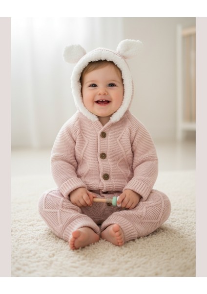 Kız Bebek Pudra Pembe Triko Tulum – Peluş Astarlı Kapüşonlu Kışlık (6-24 Ay)