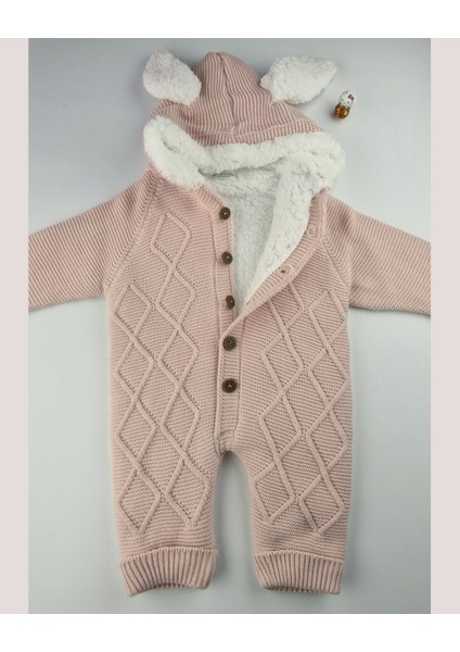 Kız Bebek Pudra Pembe Triko Tulum – Peluş Astarlı Kapüşonlu Kışlık (6-24 Ay)