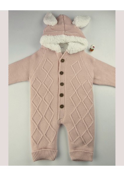 Kız Bebek Pudra Pembe Triko Tulum – Peluş Astarlı Kapüşonlu Kışlık (6-24 Ay)