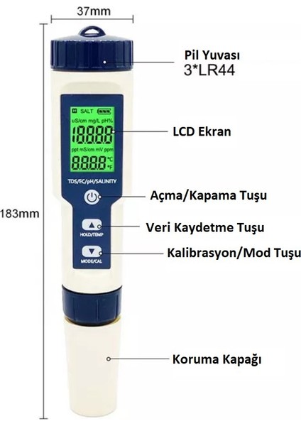 5 In1 Dijital Ph/tds/ec/tuzluluk/sıcaklık Metre Işıklı Test Cihazı Iletkenlik Kalem Model-5 In 1 Tds Metre Ölçüm Cihazı