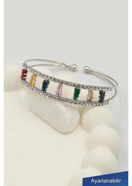 Kadın Gümüş Rengi Gökkuşağı Taşlı Işıltılı Bileklik
