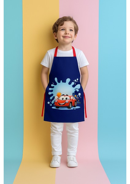 Lacivert Araba Desen Çocuk Mutfak Boyama Önlüğü