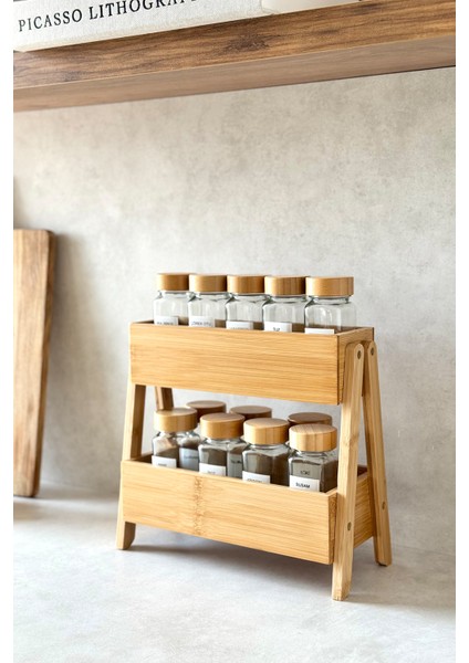 12'li Bambu Kapaklı Kare Kavanoz ve Çift Katlı Bambu Stand Seti