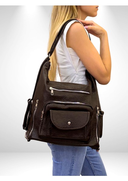 Kadın Çok Gözlü Sırt ve Omuz Çantası, Sırt Çantası, Çok Gözlü Çanta, Yıkama Deri Çanta