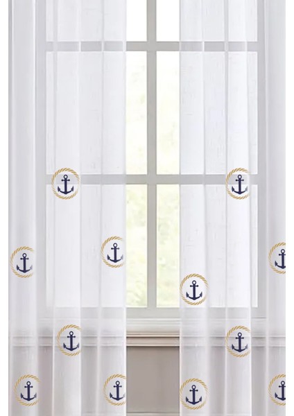 Denizçi Desenli Tül Perde - Denizçi Temalı, Özel Ölçü ve Isim Yazılabilir, Ütü Gerektirmez ( 1/3 Kanunp Pileli )