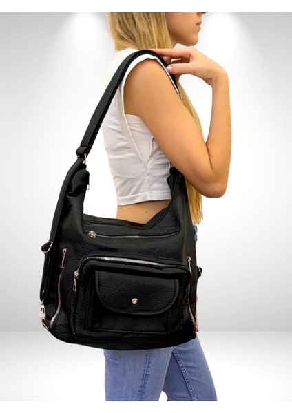 Kadın Çok Gözlü Sırt ve Omuz Çantası, Sırt Çantası, Çok Gözlü Çanta, Yıkama Deri Çanta