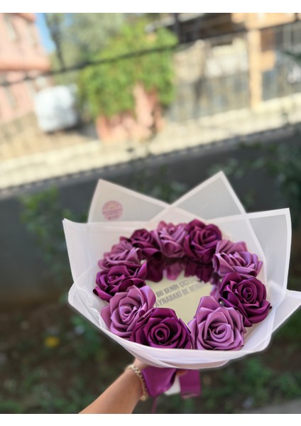 Gerçek Görünümlü Ayna Yazısı Ledli Yapay Gül Buketi Yapay Çiçek (Mor-Lila)