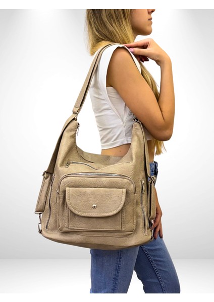 Kadın Çok Gözlü Sırt ve Omuz Çantası, Sırt Çantası, Çok Gözlü Çanta, Yıkama Deri Çanta