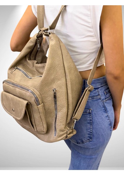 Kadın Çok Gözlü Sırt ve Omuz Çantası, Sırt Çantası, Çok Gözlü Çanta, Yıkama Deri Çanta modelleri