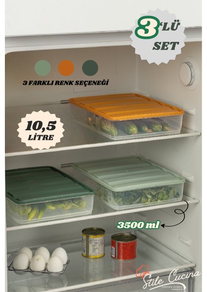 3'lü Renkli Büyük Boy Buzdolabı Dondurucu Organizer ve Saklama Kabı Seti 3x(3,5 Litre)