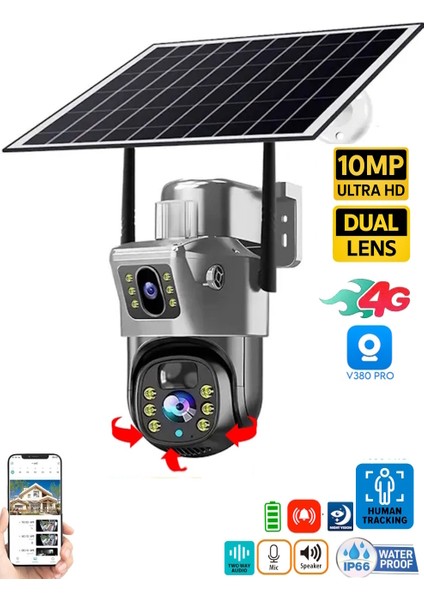 V380 Pro 735-4G 10MP (5mp+5mp) Dual Lens Ultrahd Güneş Enerjili Akıllı Güvenlik Kamerası