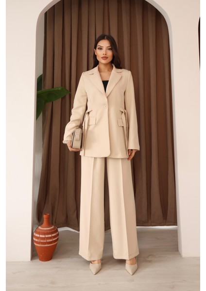 Kadın Taş Yandan Kuşaklı Blazer Ceket Pantolon Takım modelleri