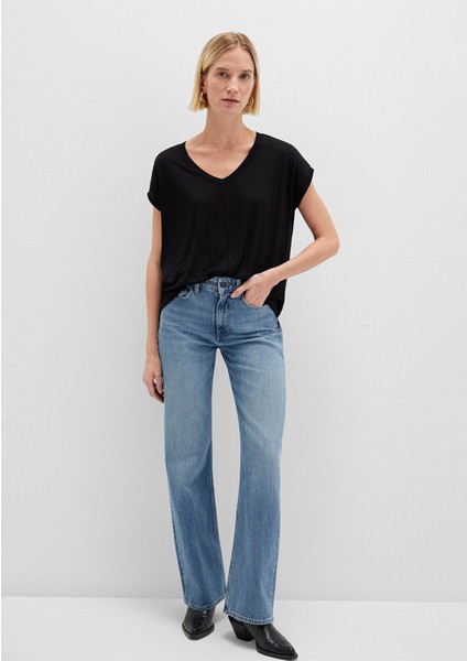 V Yaka Siyah Basic Viskoz Tişört 166449-900