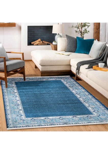 Mavi Çerçeveli Modern Etnik Desenli Halı | Makinada Yıkanabilir | Hav Toz Vermez | Leke Tutmayaz | Kaymaz Taban | Dijital Makine Baskı | Salon Yolluk Mutfak Halısı fiyatları