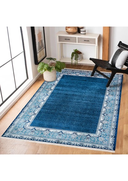Mavi Çerçeveli Modern Etnik Desenli Halı | Makinada Yıkanabilir | Hav Toz Vermez | Leke Tutmayaz | Kaymaz Taban | Dijital Makine Baskı | Salon Yolluk Mutfak Halısı modelleri