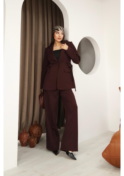 Kadın Bordo Yandan Kuşaklı Blazer Ceket Pantolon Takım