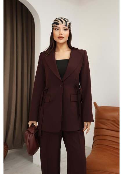 Kadın Bordo Yandan Kuşaklı Blazer Ceket Pantolon Takım fiyatları