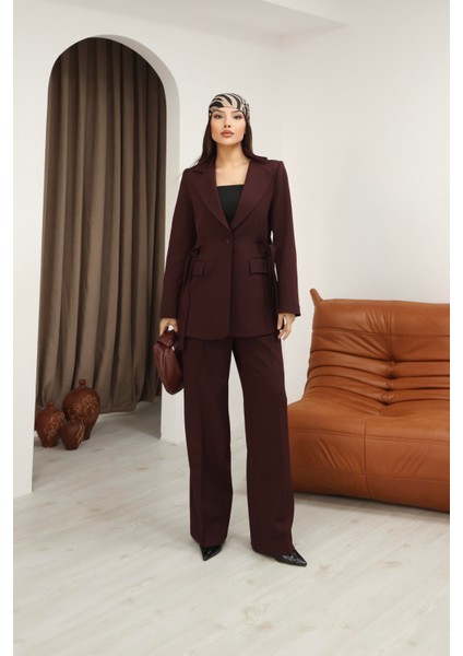 Kadın Bordo Yandan Kuşaklı Blazer Ceket Pantolon Takım modelleri