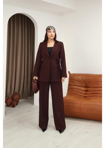 Kadın Bordo Yandan Kuşaklı Blazer Ceket Pantolon Takım fırsatları