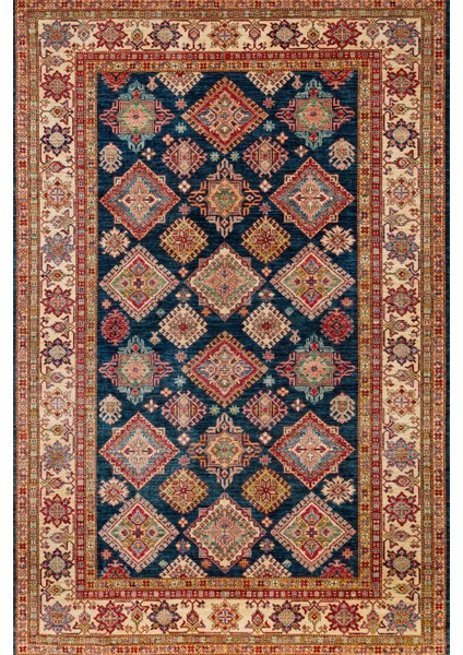 Mavi Bordürlü Modern Etnik Desenli Halı | Makinada Yıkanabilir | Hav Toz Vermez | Leke Tutmayaz | Kaymaz Taban | Dijital Makine Baskı | Salon Yolluk Mutfak Halısı