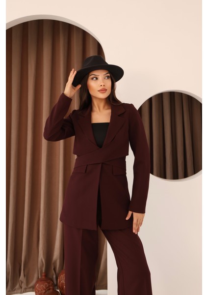 Kadın Bordo Önden Çapraz Kuşaklı Blazer Ceket Pantolon Takım